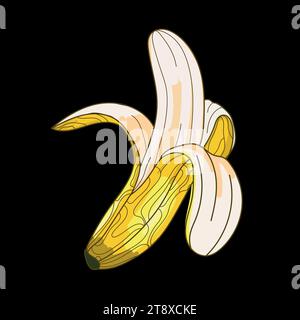 Open banana abstract art drawing on a black background. Half peeled banana vector illustration.Healthy sweet fruit food.Great design for emblem,print, Stock Vector