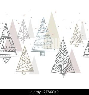 Seamless Christmas winter pattern in scandinavian style.Stylized Christmas trees,Abstract shape Line drawing pastel ornanic colors vector illustration Stock Vector
