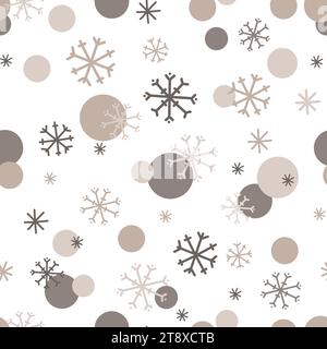 Doodle snowflakes background.Vector Christmas seamless pattern with gray and beige snow flakes on white background.Winter holidays texture. Repeat des Stock Vector