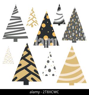 Christmas trees vector set in modern scandinavian style.Abstract styling boho christmas trees collection,simple design for holiday decorations,poster, Stock Vector