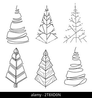 Christmas tree line art drawing vector set.Abstract stylized christmas tree collection.Modern design elements for New Year and Christmas holiday decor Stock Vector
