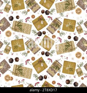 Christmas cozy winter New Year seamless pattern with gifts,Christmas tree,plants,berries vector illustration.Gift boxes in craft eco package seamless Stock Vector