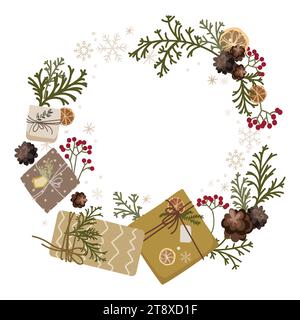 Christmas New Year frame wreath with craft gift boxes,pine fir branches,snowflakes,with place for text vector template.Festive Xmas concept Stock Vector