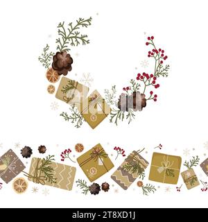 Vector Christmas decorations set,seamless border and round frame wreath with craft gift boxes,snowflakes,pine branches,berries and cones Stock Vector