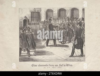 Eine ehrenvolle Scene am Hof in Wien' (The Oberfeuerwerker Johann Pollet refuses to shoot at the people on March 13, 1848), Unknown, 1848, paper, chalk-manner lithograph, height 29, 4 cm, width 40, 7 cm, Revolutions of 1848, 1849, Military, Fine Arts, 1st District: Innere Stadt, the soldier; the soldier's life, Am Hof, The Vienna Collection Stock Photo