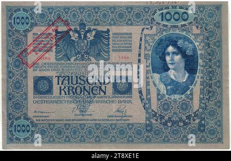 Banknote, 1000 Crowns, Rudolf Rössler (1864-1934), Artist, Heinrich Lefler (1863-1919), Artist, Austro-Hungarian Bank, mint authority, 02.01.1902, paper, printing, width 194 mm, height 128 mm, Mint, Vienna, Mint territory, Austria, 1st Republic (1918-1933), The First Republic, Finance, woman, coat of arms (as symbol of the state, etc.), bank-note, money, The Vienna Collection Stock Photo