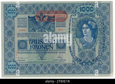 Banknote, 1000 Crowns, Rudolf Rössler (1864-1934), Artist, Heinrich Lefler (1863-1919), Artist, Austro-Hungarian Bank, mint authority, 02.01.1902, paper, printing, width 194 mm, height 128 mm, Mint, Vienna, Mint territory, Austria, 1st Republic (1918-1933), The First Republic, Finance, woman, coat of arms (as symbol of the state, etc.), bank-note, money, The Vienna Collection Stock Photo