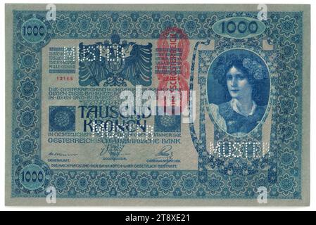 Banknote (specimen), 1000 Crowns, Rudolf Rössler (1864-1934), Artist, Heinrich Lefler (1863-1919), Artist, Austro-Hungarian Bank, mint authority, 02.01.1902, paper, printing, width 194 mm, height 128 mm, Mint, Vienna, Mint territory, Austria, 1st Republic (1918-1933), The First Republic, Finance, woman, bank-note, money, The Vienna Collection Stock Photo