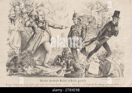 How the German Michel geräth in Wuth.' (Caricature on the Revolution of 1848, among the sitters Metternich, Friedrich Hecker, Ludwig I of Bavaria and Lola Montez), Eduard Gustav May (1818-1907), publisher, 1848, paper, chalk-manner lithograph, height 30, 5 cm, width 43, 9 cm, Caricature, Satire, Politics, Revolutions of 1848, 1849, Pre-March, Biedermeier, minister  government, The Vienna Collection Stock Photo