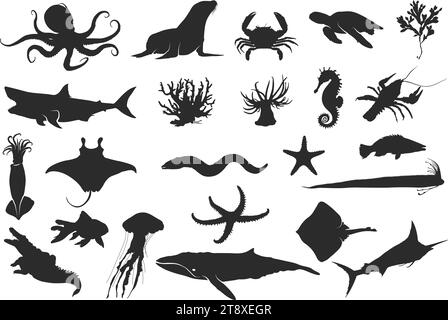 Sea animal silhouette, Ocean animal silhouette, Black silhouettes of fish, seahorse, shells, octopus, squid, jellyfish, dolphins, starfish etc Stock Vector