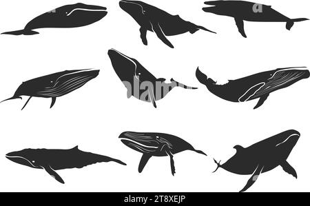 Blue whale silhouette, Whale silhouette, Blue whale icon set, Whale clipart Stock Vector