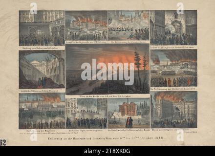 Remembrance of the Moments and Scenes in Vienna from the 6th to the 31st of October 1848.', Heinrich Gerhart, lithograph, 1848, paper, colored, chalk lithograph, height 28.9 cm, width 42.7 cm, fine art, revolutions of 1848, 1849, 2nd district: Leopoldstadt, battle, battles in general, battle, battles in general, the soldier; the soldier's life, obstacles in the streets; barricades, burnings, names of historic buildings, sites, streets, etc. (with NAME), The Vienna Collection Stock Photo