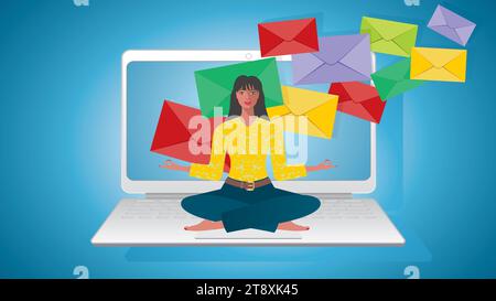 Woman, girl in yoga position in front of laptop screen, where a lot of emails coming in. Isolated. Vector illustration. Stock Vector