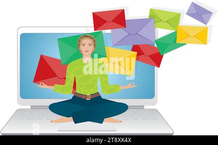 Woman in yoga position in front of laptop screen, where a lot of emails coming in. Isolated. Vector illustration. Stock Vector