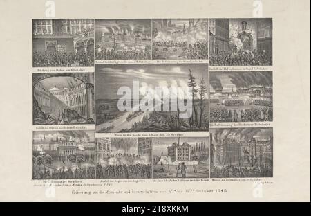 Remembrance of the Moments and Scenes in Vienna from the 6th to the 31st of October 1848.', Heinrich Gerhart, lithograph, 1848, paper, chalk lithograph, height 29.4 cm, width 46.1 cm, Revolutions of 1848, 1849, fine arts, military, 2nd district: Leopoldstadt, battle, fighting in general, obstacles in the streets; barricades, the soldier; the soldier's life, burning, names of historical buildings, sites, streets, etc., The Vienna Collection Stock Photo