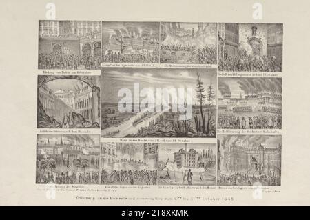 Remembrance of the moments and scenes in Vienna from the 6th to the 31st of October 1848.', Heinrich Gerhart, lithograph, 1848, paper, chalk lithograph, height 29.2 cm, width 45 cm, revolutions of 1848, 1849, military, fine arts, 2nd district: Leopoldstadt, battle, battles in general, obstacles in the streets; barricades, the soldier; the soldier's life, burning, names of historical buildings, sites, streets, etc., The Vienna Collection Stock Photo