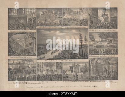 Remembrance of the moments and scenes in Vienna from the 6th to the 31st of October 1848.', Heinrich Gerhart, lithograph, 1848, paper, chalk lithograph, height 28.9 cm, width 40.1 cm, Revolutions of 1848, 1849, 2: Leopoldstadt, battle, battles in general, burning, names of historical buildings, sites, streets, etc. (with NAME), The Vienna Collection Stock Photo