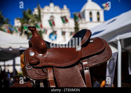 MOCTEZUMA, MEXICO - NOVEMBER 18: Detail of horse saddles for sale,  during the saddlery festival on November 18, 2023 in Moctezuma, Mexico (Photo by Luis Gutierrez/Norte Photo) Stock Photo