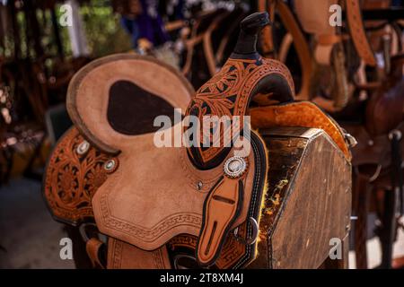 MOCTEZUMA, MEXICO - NOVEMBER 18: Detail of horse saddles for sale,  during the saddlery festival on November 18, 2023 in Moctezuma, Mexico (Photo by Luis Gutierrez/Norte Photo) Stock Photo