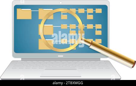 Searching file maps, documents and organization. Big magnifying glass and file maps on laptop. Security and support. Isolated. Vector illustration. Stock Vector