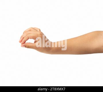 Child hand hanging something blank isolated on a white background Stock Photo