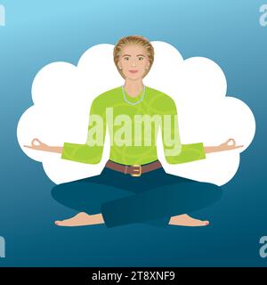 Woman taking it cool. Sitting in yoga position on her own cloud. Square composition. Vector illustration. Stock Vector