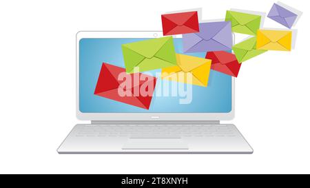 Lots of email coming in or out from laptop. Vector illustration. Stock Vector