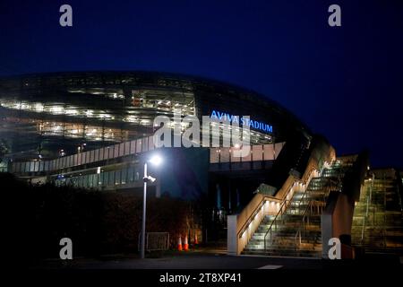 Aviva Stadium, Dublin, Ireland. 21st Nov, 2023. International Football Friendly, Republic of Ireland versus New Zealand; The outside of the Aviva Stadium lit up at night Credit: Action Plus Sports/Alamy Live News Stock Photo