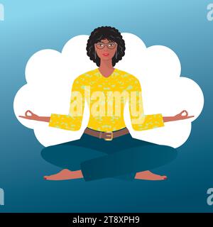 Woman taking it cool. Sitting in yoga position on her own cloud. Square composition. Vector illustration. Stock Vector