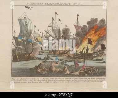 No. 13 of the series 'Northern Theater of War': victory of the Imperial Russian galley fleet over the Royal Swedish galley fleet on August 24, 1789, Unknown, 1789, paper, copperplate engraving, height 19.5 cm, width 24.4 cm, plate size 16.4×18.7 cm, war and war events, fine arts, military, battle, battle in general, battle (+ naval forces), navy, sailing ship, sailing boat, burning, ships (in general), smoke, The Vienna Collection Stock Photo