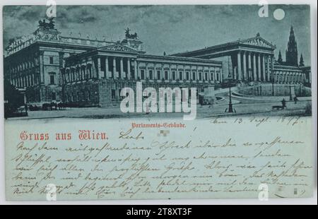 Greeting from Vienna. Parliament building, Carl (Karl) Ledermann Jr, producer, 1897, cardboard, collotype, inscription, FROM, Vienna, TO, Morav. Altstadt, ADDRESS, Wohlgeboren Herr, in Mähr. Altstadt via Hannsdorf, NACHRICHT, Am 13. Sept. 1897. dear [name]! After the endured fright about the forgotten keys, we have arrived relatively well and send you all our warmest greetings. Alois has already been to the Dr. today and will start a Cour tomorrow. The Dr. praised the deerskin very much. Please send me a piece of wax with the boys. Your loving children Leontine u. [name] Stock Photo