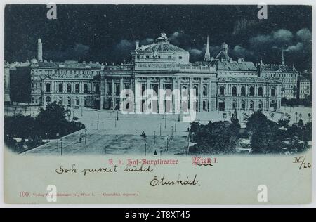 1st, Universitätsring 2 - Burgtheater, by night, view from the town hall, picture postcard, Carl (Karl) Ledermann jun, Producer, 1899, paperboard, Collotype, Inscription, FROM, Vienna, TO, Budapest, ADDRESS, urhölgynek = for woman, Budapest, Wurm-udvar, MESSAGE, Sok puszit küld, Etuskád, Send many kisses, Etuskad, Attractions, Theatre, Ringstraße, Postcards with transliteration, 1st District: Innere Stadt, theatre (building), square, place, circus, etc., street lighting, night, Burgtheater, Universitätsring, handwriting, written text (HUNGARIAN) Stock Photo