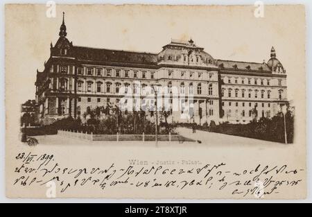 Vienna - Palace of Justice, Unknown, 1899, paperboard, Collotype, Inscription, FROM, Vienna, TO, Scheibbs, ADDRESS, Wohlgeboren Fräulein [name] Lehrerin Scheibbs N.Ö., MESSAGE, 13., VI. 1899. [steno] Quick writing? Upper and lower case are hardly noticed, Dearest Hermine, Meaning: thanks for a card, Law and Justice, Media and Communication, Postcards with transliteration, 1st District: Innere Stadt, Justizpalast, handwriting, written text, Schmerlingplatz, The Vienna Collection Stock Photo