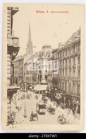 Wien I. Kärntnerstraße, Brüder Kohn KG (B. K. W. I.), Producer, ca., paperboard, Collotype, St. Stephan's Cathedral, Public Transport, traffic and transport, 1st District: Innere Stadt, street, diligence, omnibus, horse-tram, four-wheeled, animal-drawn vehicle, e.g.: cab, carriage, coach, the usual house or row of houses, flat-building, apartment house, house combined with store, with people, street lighting, The Vienna Collection Stock Photo