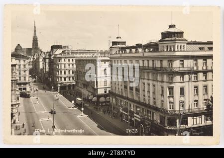 1st, Kärntner Straße - elevated view from the Ring towards St. Stephen's Cathedral, picture postcard, Verlag Karl Kühne, Producer, 1942, paperboard, gelatin silver paper, Inscription, FROM, Vienna, TO, Prague, ADDRESS, Family, Restaurant, Prague-Smichow, Passauerstr. 56, MESSAGE, In the dear memory of Prague I send you very warm greetings, Vienna, on 10 Aug. 1942, St. Stephan's Cathedral, Public Transport, Hotel and Restaurant Industry, Media and Communication, traffic and transport, Postcards with transliteration, 1st District: Innere Stadt, street, bus, coach Stock Photo