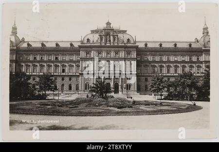 1., Schmerlingplatz 10-11- Palace of Justice, picture postcard, Unknown, 1927, paperboard, gelatin silver paper, Inscription, FROM, Vienna, TO, Košice, Slovensko, ADDRESS, Pan policejní inspt. [jméno], Košice-[...] Komisarství, Slovensko, MESSAGE, Viden, 2, VIII, 27, Drahý Příteli, Srdečni pozdrav Tobě zasílá přítel, [podpis], Vienna, 2.8. 27, Dear friend, a warm greeting sends you [your] friend [signature], Law and Justice, Postcards with transliteration, 1st District: Innere Stadt, with people, Justizpalast, handwriting, written text (SLOVAK), Schmerlingplatz Stock Photo