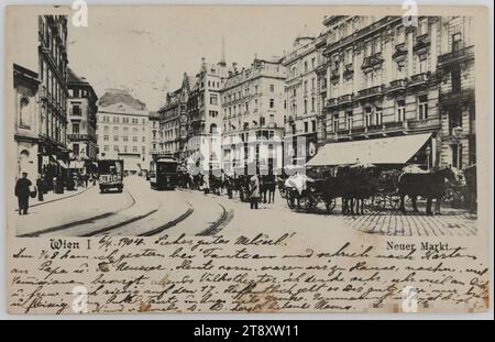 Vienna I. Neuer Markt., Brüder Kohn KG (B. K. W. I.), Producer, 1904, paperboard, Collotype, Inscription, FROM, Wien, TO, Wien, ADDRESS, Hochwohlgeboren, Fräulein, Wien XVII, Offizierstöchter - Erziehungsinstitut, Hernals, MESSAGE, 6, 4.1904, Liebes, gutes (Mitzerl?)!, At 3, 4 8 yesterday I arrived at Auntie's and wrote cards to Papa u. Fr. . Today before morning we were at home, in the evening we did a lot of commissions, and in the evening we went to the folk theater. I think of you very, very much and am looking forward to the 17th. Hope you are well Stock Photo