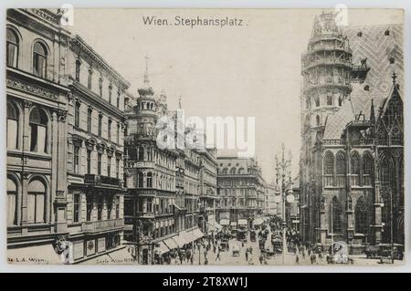 1st, Stephansplatz - view from Stock-im-Eisen-Platz towards Rotenturmstraße, picture postcard, Österreichische Lichtdruck-Anstalt, Producer, 1904, paperboard, Collotype, St. Stephan's Cathedral, Attractions, Construction, 1st District: Innere Stadt, square, place, circus, etc., the usual house or row of houses, flat-building, apartment house, house combined with store, with people, church (exterior), street lighting, four-wheeled, animal-drawn vehicle, e.g.: cab, carriage, coach, diligence, omnibus, horse-tram, (farm) wagon, freight wagon, cart, street, Stephansplatz Stock Photo