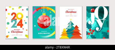 Modern set of greeting cards or posters for Christmas and New Year 2024. Happy Holidays greeting card with xmas tree, christmas ball, JOY inscription Stock Vector