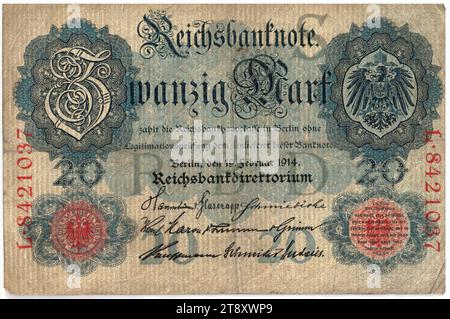 Reichsbanknote, 20 Mark, (Deutsche) Reichsbank, mint authority, 19.02.1914, paper, printing, height 89 mm, width 136 mm, Mint, Berlin, Mint territory, Deutsches Kaiserreich (1871-1918), Finance, coat of arms (as symbol of the state, etc.), bank-note, money, The Vienna Collection Stock Photo