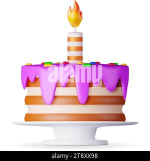 Childish birthday pink glaze icing cake and candle icon symbols ...