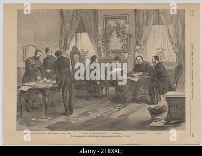 The signing of the Russian-Turkish peace treaty at San Stefano.', Unknown, 1877-1878, paper, wood engraving, height 26, 9 cm, width 37, 6 cm, War and War Events, Fine Arts, Media and Communication, Estate Constantin von Wurzbach, civic architecture; edifices; dwellings - AA - civic architecture: inside, weekly, monthly, magazine, etc., interior  representation of a building, The Vienna Collection Stock Photo
