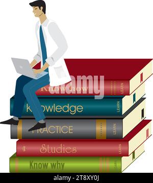 Man, doctor, nurse, scientist with laptop on a pile of books. Isolated. Vector illustration. Stock Vector