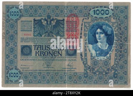 Banknote, 1000 Crowns, Rudolf Rössler (1864-1934), Artist, Heinrich Lefler (1863-1919), Artist, Austro-Hungarian Bank, mint authority, 02.01.1902, paper, printing, width 193 mm, height 128 mm, Mint, Vienna, Mint territory, Austria, 1st Republic (1918-1933), The First Republic, Finance, woman, coat of arms (as symbol of the state, etc.), bank-note, money, The Vienna Collection Stock Photo