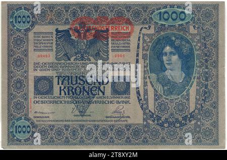 Banknote, 1000 Crowns, Rudolf Rössler (1864-1934), Artist, Heinrich Lefler (1863-1919), Artist, Austro-Hungarian Bank, mint authority, 02.01.1902, paper, printing, width 193 mm, height 128 mm, Mint, Vienna, Mint territory, Austria, 1st Republic (1918-1933), The First Republic, Finance, woman, coat of arms (as symbol of the state, etc.), bank-note, money, The Vienna Collection Stock Photo