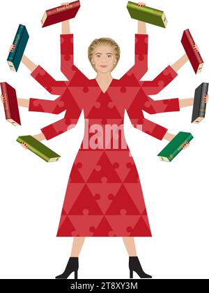 Woman in shiva style with lots of books. Isolated. Vector illustration. Stock Vector