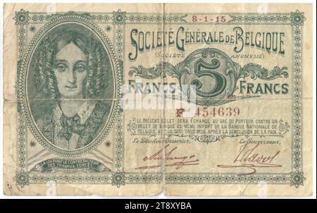 Banknote, 5 Francs, Frank, Louise Marie Thérèse Charlotte Isabelle d'Orléans, Société Générale de Belgique, mint authority, Max Weber (1864-1920), Artist, 08.01.1915, paper, printing, width 126 mm, height 79 mm, Mint territory, Belgium, Kingdom (German occupation, 1914-1918), Finance, queen; empress, portrait, bank-note, money, ruler, sovereign, The Vienna Collection Stock Photo