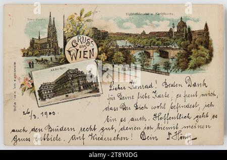 Gruss aus Wien, Schneider & Lux, Producer, 1900, paperboard, color lithography, height×width: ca. 9×14 cm, Inscription, FROM, Vienna, TO, Kalksburg, ADDRESS, H.W., Herr [...] [...], Stud. litt. I., in the convict at Kalksburg, Nied. Öster., MESSAGE, 29, 3. 1900., Dear Konrad! Thank you very much for your dear card, I am glad that you are well, I am too. I hope that the brothers are also doing well, to whom I send my greetings. Goodbye! Yours Dr Hönig, Attractions, Ringstraße, River Wien, Media and Communication, Postcards with transliteration, opera house, church (exterior), canals Stock Photo