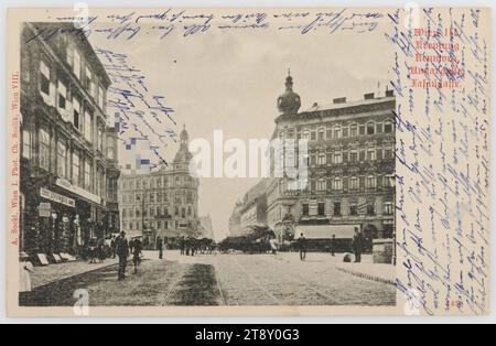 Vienna III. crossing Rennweg, Ungargasse, Fasangasse, Charles Scolik (1854-1928), Photographer, A. Sockl, Producer, 1900, paperboard, Collotype, Inscription, FROM, Vienna, TO, Krumbach, ADDRESS, Hochwohlgeboren, Frau, Krumbach, N.Ö., MESSAGE, Thank you very much for your kind lines, I have thought of you so often, how you may feel. Please, if this is over, let us know what is happening. We still do not know where to go. I prefer to stay in Vienna. I saw your dear sons yesterday in church, they all look well, even at dinner they were all in the best of appetites Stock Photo