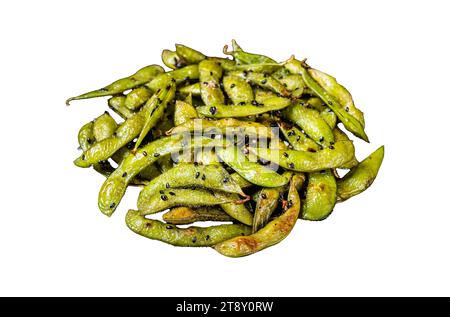Stir-fried green Edamame Soy Beans with sea salt and sesame seeds in a plate. Isolated, white background Stock Photo